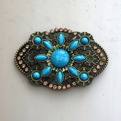 Large Oval Belt Buckle Black w Faux Turquoise Unisex 4”