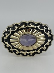 Belt Buckle Lavender Jade Cabochon oval gold tone black enamel background