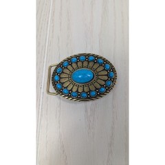 Belt Buckle Blue Faux Turquoise Western Oval Antiqued Gold Tone