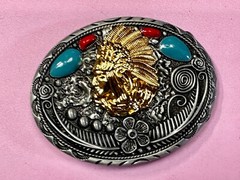 Native American Indian Chief in Head Dress Faux Turquoise & Coral Belt Buckle