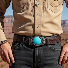 Men Women Western Fashion Belt Buckle Silver Metal Big Turquoise Blue Southern