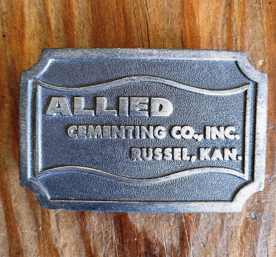 Vintage Allied Cementing Co., Inc. Russel, KS cast aluminum belt buckle HEAVY