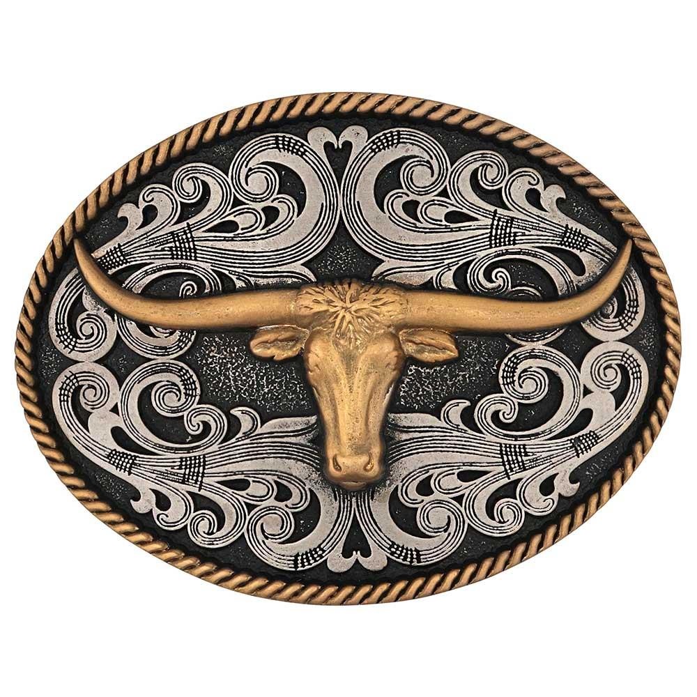 Montana Silversmiths Attitude Two-Tone Longhorn Rope Edge Western Belt Buckle