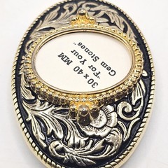 Western Floral Belt Buckle Gold Black Oval 30x40mm Gemstone Setting Made in USA