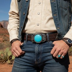Men Women Western Fashion Belt Buckle Silver Metal Turquoise Blue Bead Festival