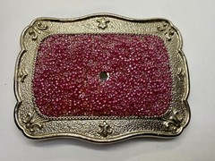 Rectangular Red Pink Bead Covered Belt Buckle Center Hole For Craft Or Project