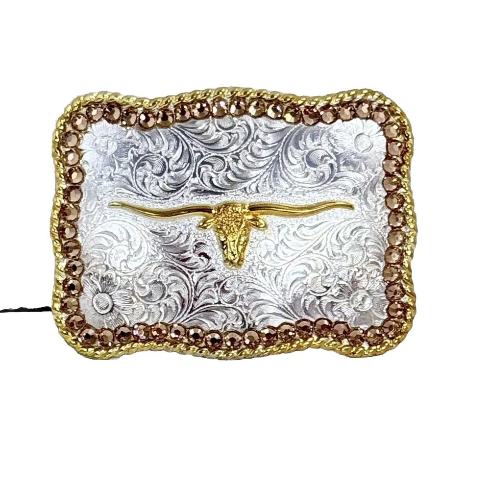 Nocona Silver & Gold Tone Longhorn Belt Buckle Unisex Jeweled New in the Box