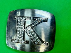 Custom Initial Letter K Monogram Silver Tone Belt Buckle – Missing a Rhinestone