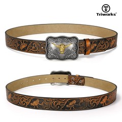 TRIWORKS Men&rsquo;s Western leather belt Cowboy Fit Size 47&Prime;-50&Prime;, Black/Brown