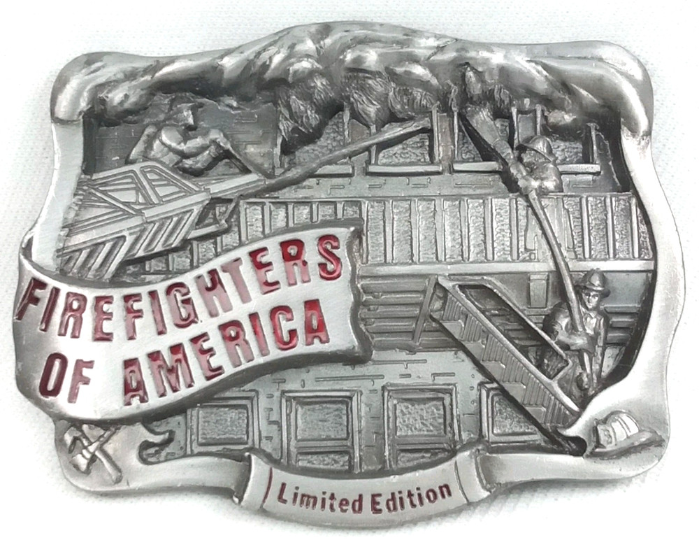 Vintage 1990s Silver & Red Enamel Firefighters Of America Belt Buckle