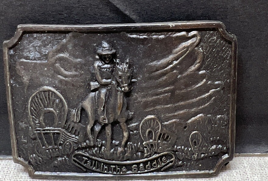 Vtg Brass Belt Buckle Western Pioneers Wagon Trail Cowboy Horse Approx 3.5&Prime;x2.5&Prime;