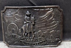 Vtg Brass Belt Buckle Western Pioneers Wagon Trail Cowboy Horse Approx 3.5&Prime;x2.5&Prime;