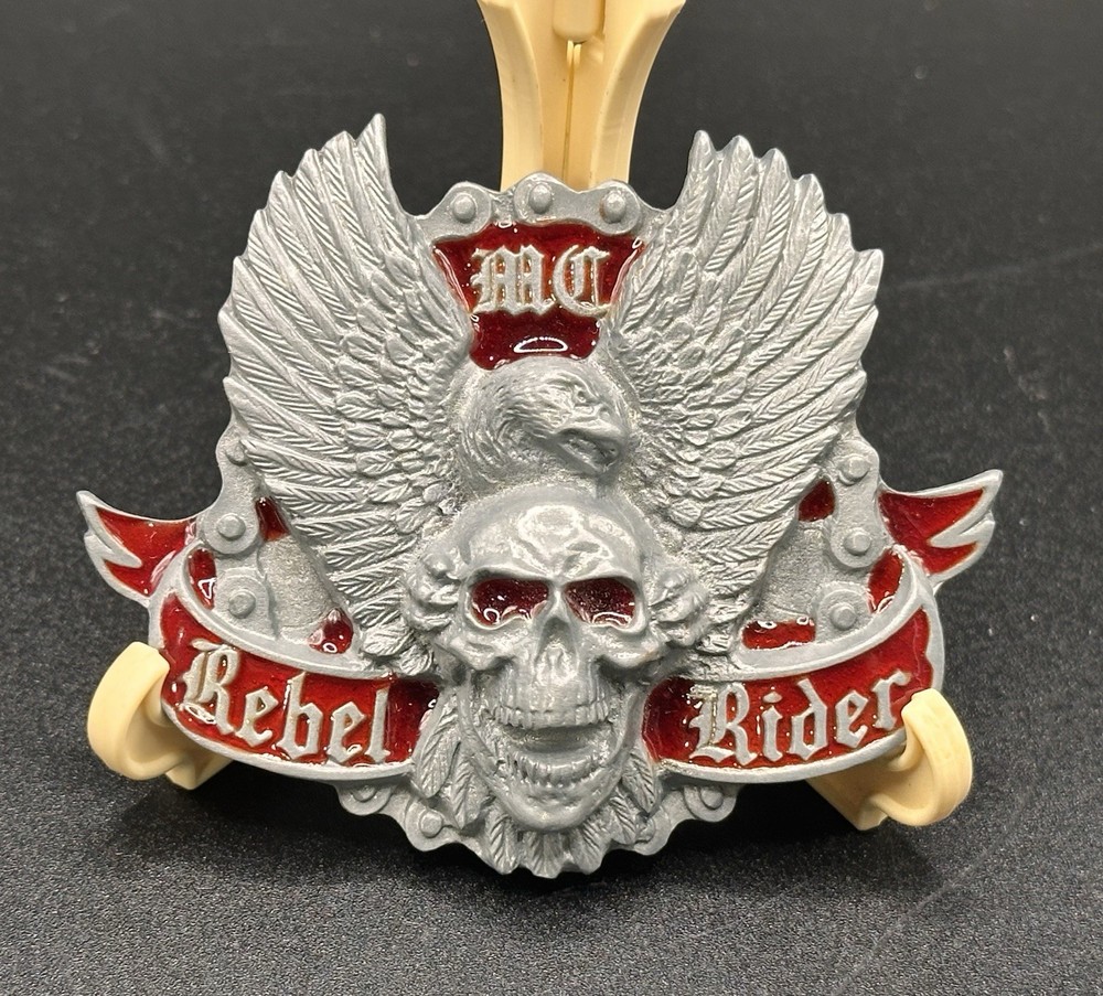 Skull & Eagle MC Rebel Rider Belt Buckle Silver Tone w Red Enamel Vintage