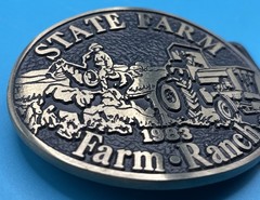 VTG State Farm 1983 ADVANCED CASTING SOLID BRONZE BELT BUCKLE Farm-Ranch Good+