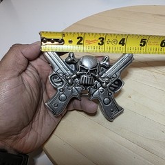 Rock Rebel Large skull and crossed 2 guns belt buckle Antiqued Silver Tone 2A