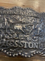 Hesston Vintage Rodeo Belt Buckle 1987 METAL Original Wrap National Finals NFR