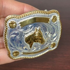 JUSTIN Silver Mexico Horse Head 2-5/8”x2-1/8” Belt Buckle SHINY GOLD SILVER Tone