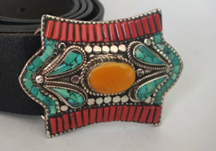 Tibetan Silver Buckle Leather Belt waist trap Turquoise Coral Clasp, BB8