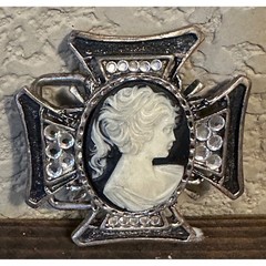 Vintage Gothic Cameo Maltese Cross Belt Buckle Silver Tone Rhinestone Mens Biker