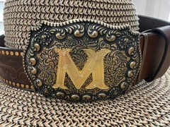 Antiqued Silver Letter Initial M Gold Classic Rectangle Flower Belt Buckle