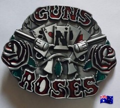 Belt Buckle &lsquo;Poker Gun & Roses &lsquo; Size: 7.5cm x 6.5cm Suits 4cm Belt Width