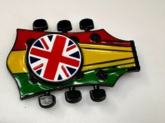 Electric Guitar Tuning Keys Shaped Belt Buckle W/ Uk Flag Union Jack Spinner