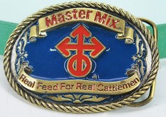Master Mix Central Soya company blue/red ENAMELED BRASS belt buckle vintage
