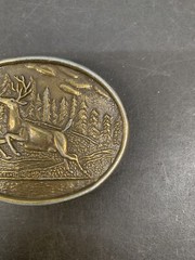 Brass Oval Belt Buckle Hunting Jumping Deer Forest