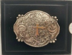 AndWest Scalloped Varied Edge Cross with Scrolls Antique Silver Belt Buckle- NEW