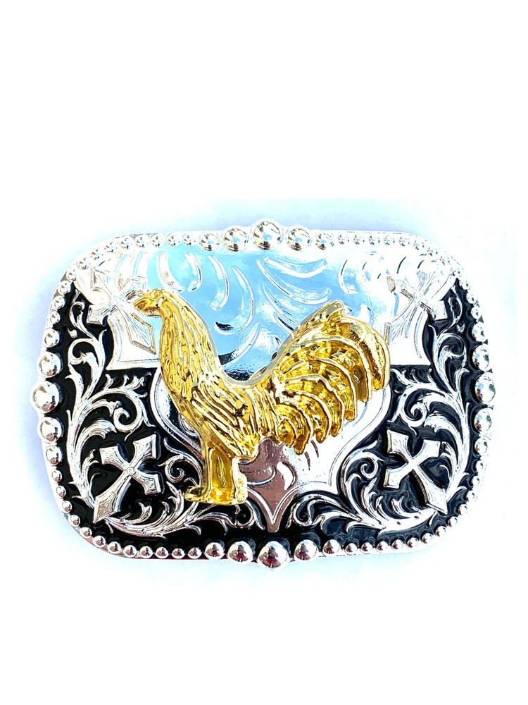 Western Buckle Gold Black Silver Rooster Cowboy 2 »Buckle Hebilla Vaquero Gallo