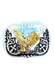 Western Buckle Gold Black Silver Rooster Cowboy 2 »Buckle Hebilla Vaquero Gallo