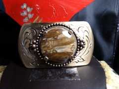 Unisex Belt Buckle, Brass with a Brown & Cream-Colored Stone, 3 1/2&Prime; X 2&Prime;