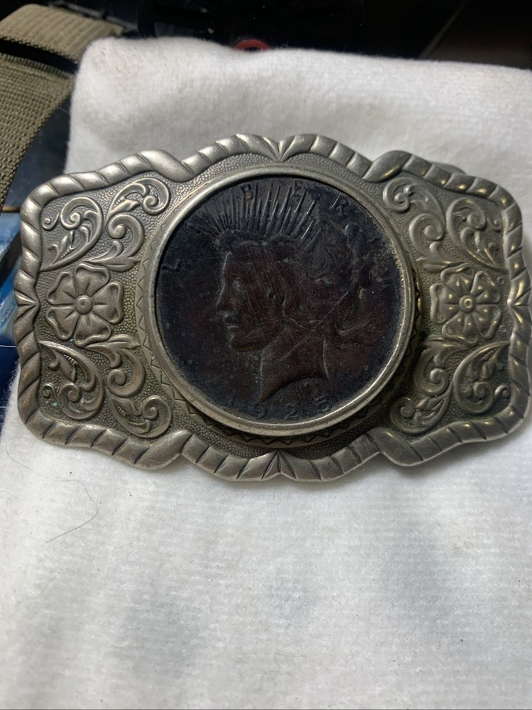NICKEL SILVER BELL Vintage 1925 Peace Dollar Coin Ornate Belt Buckle 3.25×1.25&Prime;