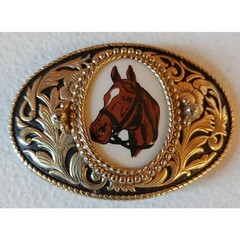 Vintage Brass Horse Head Belt Buckle with Porcelain Cameo 3.25&Prime; Western