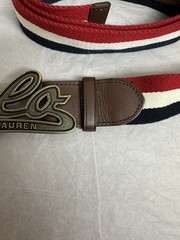 Polo Ralph Lauren Canvas &Leather Belt Script Logo Buckle Red White Blue Size 42