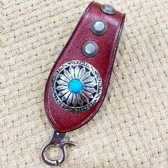 Western Leather Keychain, Turquoise Accent Cowhide Key Ring Clip Car Key Holder