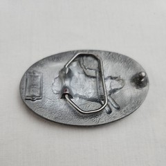 Vintage Bull Riding Rodeo Grey Oval Belt Buckle 1986 Red Painted Background