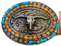 Western Longhorn Skull Belt Buckle Turquoise Coral Style Silver Tone Cowboy 4&Prime;