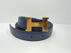 Authentic HERMES H Logo Reversible Belt Strap Blue Gold Tone Buckle Kit 85