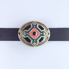 Vintage Bronze Plated Cross Celtic Knot Southwest Enamel Oval Belt Buckle