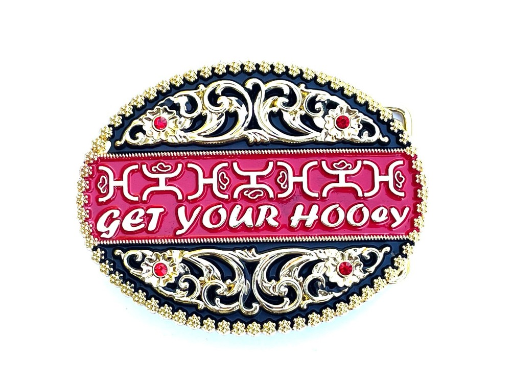 Western Buckle Gold Black Red Cowboy 4×3 for 2 » Hooey Buckle Hebilla Vaquero