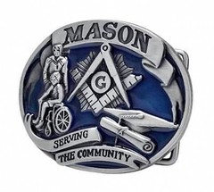 Serving The Community – Blue Tone Freemason Belt Buckle / Masonic Buckle