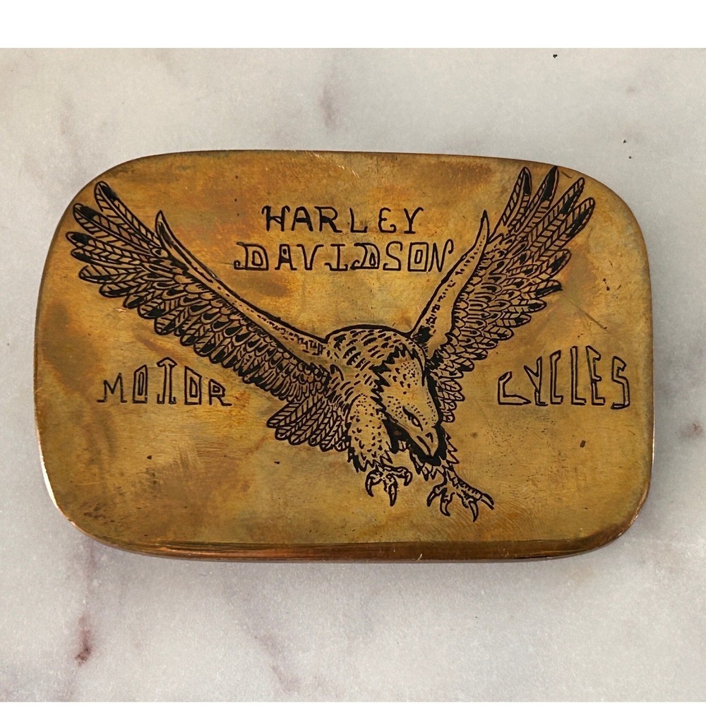 Vintage 1970s Harley Davidson Brass Belt Buckle Hand Etched Eagle Biker Boho
