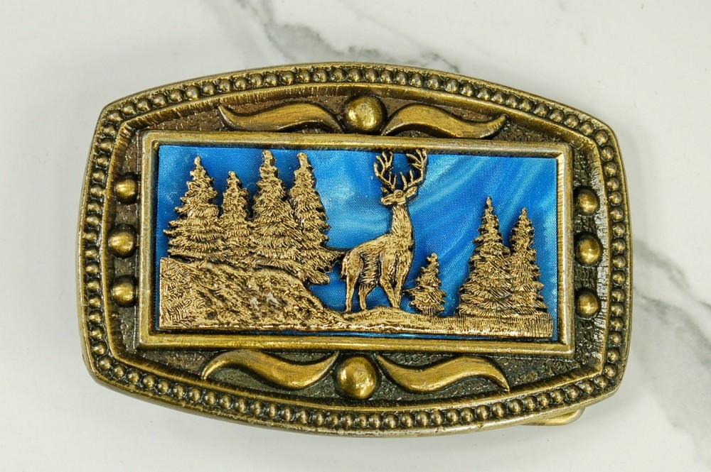 Stag and Trees in Moonlight brass belt buckle western