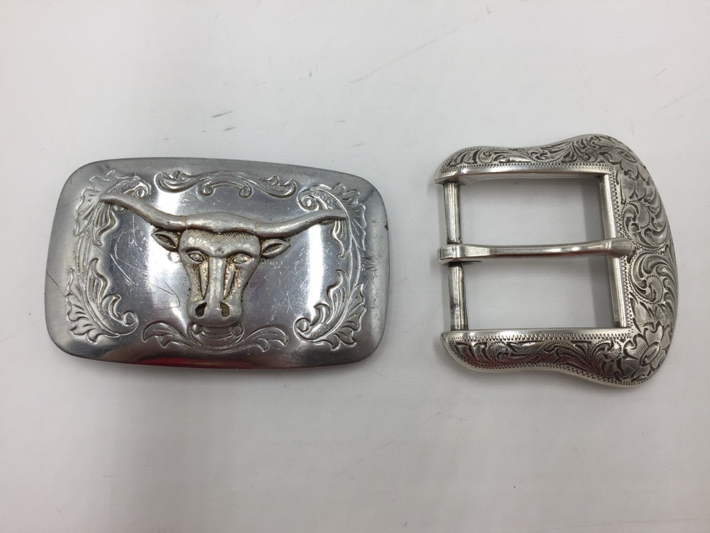 2 Men&rsquo;s Western Belt Buckles,Long Horn Cow,Ornate Designs,Silver Tone,AA