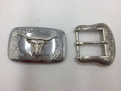 2 Men&rsquo;s Western Belt Buckles,Long Horn Cow,Ornate Designs,Silver Tone,AA