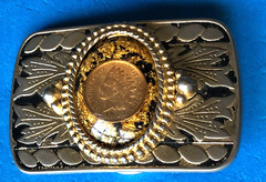 United States Indian Head Penny on Centered Cabochon Gold Belt Buckle