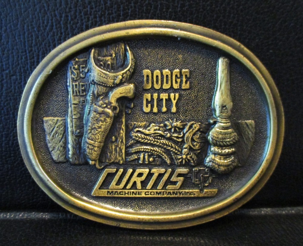 Curtis Machine Co Dodge City Kansas Early Lawman&rsquo;s Gear Brass Belt Buckle 1979