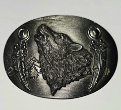 Vintage 1993 Siskiyou Pewter Howling Wolf Spirit Belt Buckle Feathers O-8