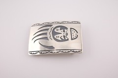Handcrafted Navajo Belt Buckle Sterling Silver Bear Paw Overlay Design Signed